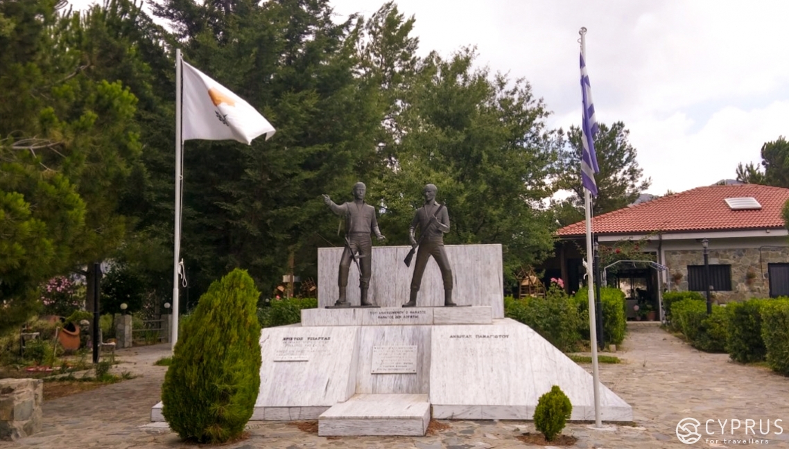A monument with statues of the two heroes, Christos Tsiartas and Andreas Panayiotou, who were part of the EOKA forces’ national struggle against English troops